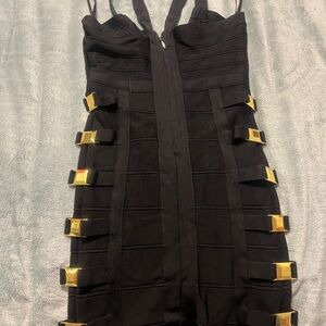 bebe Black Mini Dress with Gold Buckles